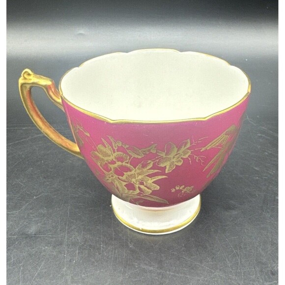 VTG Coalport BURGUNDY & GOLD Birds Bone China Footed Teacup & Saucer England - Picture 7 of 14